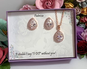 Rose Gold Bridesmaid gift set, Cubic Zirconia, Teardrop Bridesmaid Necklace Earrings Set, Bridesmaid Jewelry, Mother gift, Bridal party gift