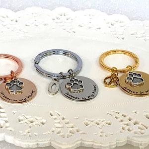 May include: Three keychains with round pendants and paw print charms. One is rose gold, one silver, and one gold. Each pendant says "forever in my heart". The rose gold keychain has a leaf charm, the silver has an "O", and the gold has a "B".