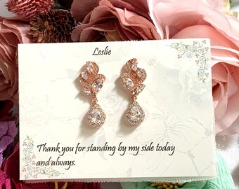 Pendientes de novia de oro rosa, joyería con colgante de cristal y circonitas cúbicas.