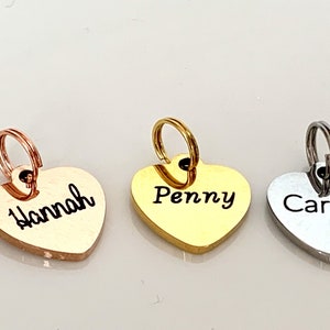 Stainless Steel heart name charm with a name or date. Personalized name charm. Customized charm, Custom Text Name Tag Rose Gold, Gold Silver