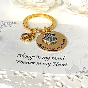 May include: A gold-colored keychain with a round charm featuring a paw print and the words "forever in my heart." A smaller charm with the letter "B" is also attached. The card reads "Always in my mind, Forever in my Heart."