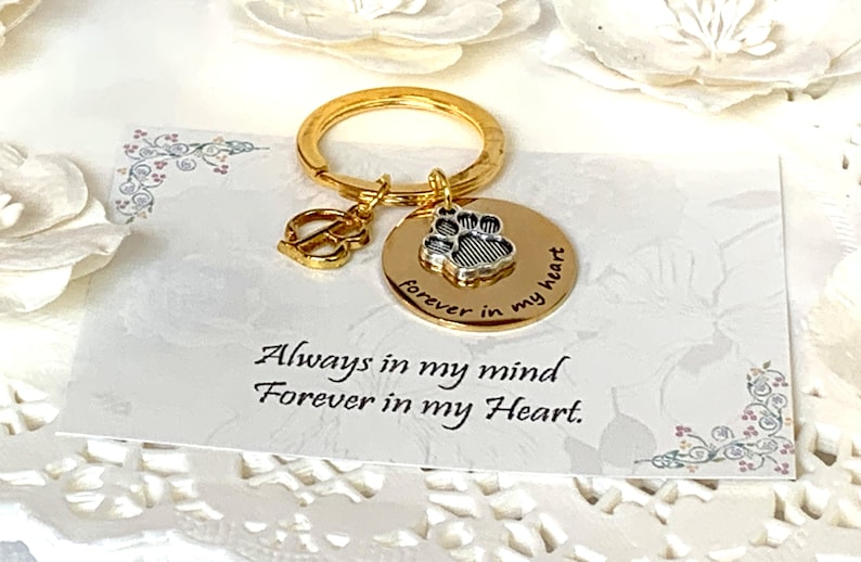 May include: A gold-colored keychain with a round charm featuring a paw print and the words "forever in my heart." A smaller charm with the letter "B" is also attached. The card reads "Always in my mind, Forever in my Heart."