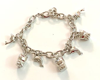 Birthday Bracelet, Charm Bracelet, Dolphin Bracelet for Women, Kitty-Cat Dangle Charm, Charms for bracelet, Nautical Themed Gift, Link Chain