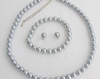 Silver Gray Pearl Necklace Earrings Bracelet Set, Wedding Jewelry