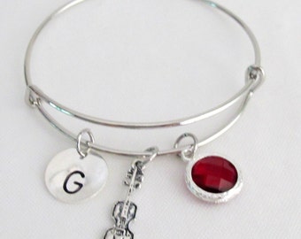 Violin Bangle Bracelet, Violin Expandable Bangle Bracelet, Violin Charm Bracelet, Violin Personalized Hanstamped Bangle, Free Shipping USA