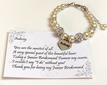 Personalised Flower Girl Name Bracelets Bridesmaid Name Beaded Adjustable Bracelet, Flower Girl Jewelry Set Junior Bridesmaid Jewelry