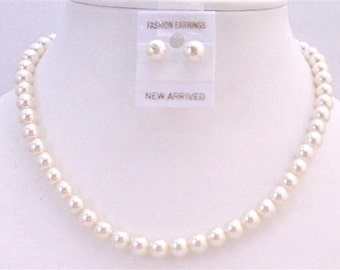Pearls Wedding Jewelry Set, Cream Pearls Stud Earrings, Necklace Set, Inexpensive Jewelry Wedding pearl jewelry set Bridesmaid Pearl Jewelry