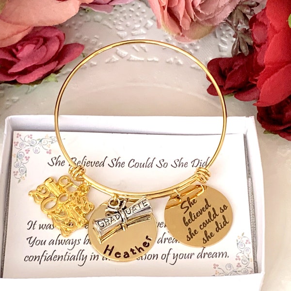 Personalized Graduation Bangle, Class of 2024, Rose gold 2024 Graduation bracelet, Graduation gift, Graduation Jewelry, Rose gold jewelry