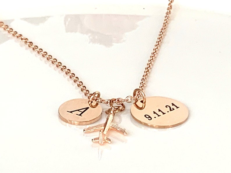 Rose Gold airplane necklace,Airplane necklace,Jet Plane Necklace, Personalized Initial, Best friends, sister, cousin, BFF gift Initial  & Date