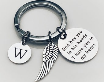 Personalized memorial keychain, God has you in His Hands I have You In My Heart, Angel Wing Key Chain, Bereavement Gift, Rememberance gift