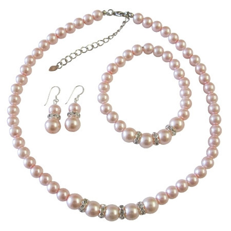 Pink Pearls Jewelry Set Bridal Bridemaids Pink Pearls Necklace Etsy