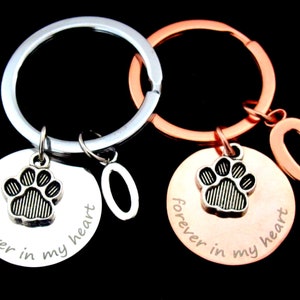 May include: Two keychains with round pendants and paw print charms. One keychain is silver-toned, the other is rose gold. Both pendants have the phrase "forever in my heart" and a paw print charm. An additional letter "O" and "C" charm are included.