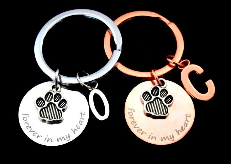 May include: Two keychains with round pendants and paw print charms. One keychain is silver-toned, the other is rose gold. Both pendants have the phrase "forever in my heart" and a paw print charm. An additional letter "O" and "C" charm are included.
