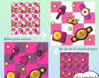 Paquete de patrones sin costuras PNG de Girls Pro Wrestling Diva Time y Black Widow / Arte digital para ropa, accesorios, productos, regalos y decoración DIY