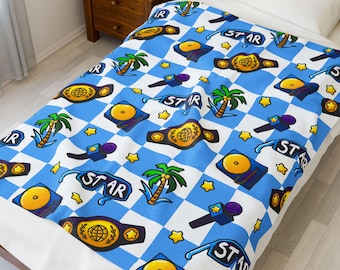 Manta de felpa de terciopelo de estrella de lucha libre profesional a cuadros azules: regalo para fanáticos de la lucha libre, decoración de lucha libre para niños