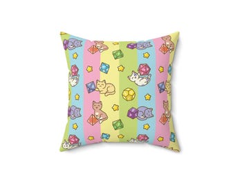 Cute Cats with RPG Dice Throw Pillow Candy Pastel Stripes Kawaii - 14 x 14 - Room Decor Gift for gamers, Tabletop RPG fan, DnD