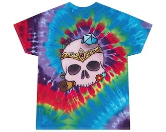 Camiseta tie-dye con calavera y dado D20 / Camiseta boho arcoíris, regalo para jugadores, juegos de rol de mesa.