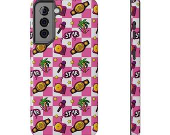 Estuche para teléfono Samsung S21 S22 Plus Ultra resistente a impactos con diseño de estrellas de gafas de sol de lucha libre profesional - Cuadros rosas - Regalo para fanáticos de la lucha libre