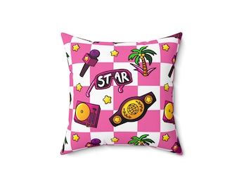 Cojín decorativo de estrella de lucha libre profesional con cuadros rosas - 35 x 35 cm. Regalo para fanáticos de la lucha libre, decoración de habitación infantil de lucha libre.