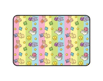 Cute Cats with RPG Dice Gaming Desk Mat | Candy Pastel Stripes 12 x 18 - Gift for gamers, Tabletop RPG fan, DnD lovers, Kawaii Desk Decor