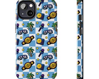 Estuche resistente para teléfono móvil Pro Wrestling Sunglasses Star para iPhone y Android - Cuadros azules - Merchandising de lucha libre, regalo para fanáticos de la lucha libre
