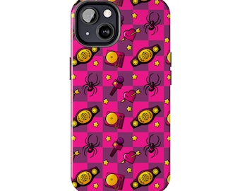 Funda resistente para iPhone y Android con diseño de corazón de lucha libre, diseño de Black Widow, con cuadros rosas y morados. Merchandising de lucha libre, regalo para fanáticos de la lucha libre.