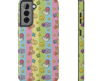 Cute Cats with RPG Dice Samsung Phone Case | Candy Pastel Stripes - Gift for games, Tabletop RPG fan, DnD