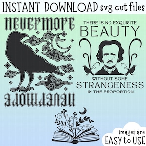 Edgar Allan Poe SVG-bundel gotische clipart voor shirts en decor, schoolse decor, gotisch esthetisch ontwerp, Halloween, poëzie kort verhaal kunst