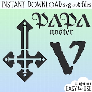 May include: Black and white graphic design of an upside down cross and the text "Papa noster".