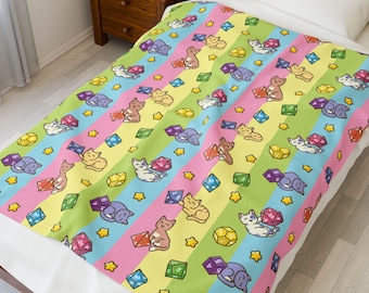 Cute Cats with RPG Dice Plush Velveteen Blanket | Candy Pastel Stripes - Gift for games, Tabletop RPG fan, DnD lovers