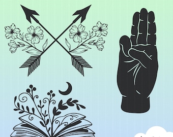 Primrose och Salute SVG-paket Bokliknande Trendig Clipart för T-shirts, Dekaler, Bibliotek, Heminredning, DIY Litteraturdesigner, Bibliofilpresenter