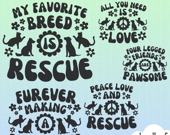 Groovy Rescue Animals PNG SVG Bundle Regalos inspiradores para perros y gatos para veterinarios, rescate de animales, padres de mascotas, ropa y decoración para amantes de los animales de los años 70