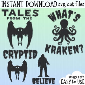 Pacote SVG Engraçado Cryptid Clipart Decoração Gótica Kraken Camisa Halloween Adesivo Horror Mothman Design Engraçado Pé Grande Acreditar Humor Presente Assustador