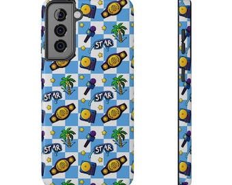 Estuche para teléfono Samsung S21 S22 Plus Ultra resistente a impactos con gafas de sol de lucha libre profesional - Cuadros azules - Regalo para fanáticos de la lucha libre