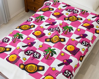 Manta de felpa de terciopelo con diseño de estrella de lucha libre profesional a cuadros rosas: regalo para fanáticos de la lucha libre, decoración de habitación infantil de lucha libre