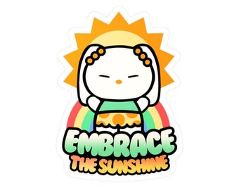 Calcomanía de vinilo kawaii conejito arcoíris abraza el sol