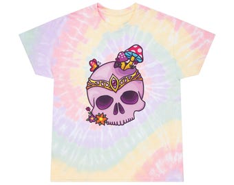 Camiseta Kawaii Tie-Dye con Calavera de Jardín de Hadas y Setas / Camiseta Boho Pastel Arcoíris