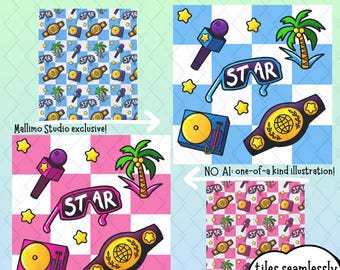 Paquete de patrones sin costuras PNG de estrellas de gafas de sol de lucha libre profesional / Arte digital para ropa, accesorios, productos, regalos y decoración de habitaciones DIY