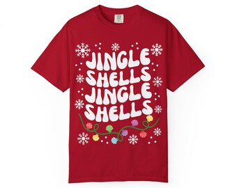 Camiseta unisex de algodón con luces navideñas y conchas navideñas - Navidad en la playa, Navidad en julio, vacaciones, fiesta de suéteres feos