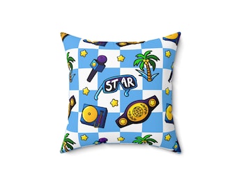 Cojín decorativo de estrella de lucha libre profesional a cuadros azules - 35 x 35 cm. Regalo para fanáticos de la lucha libre, decoración de habitación infantil de lucha libre.