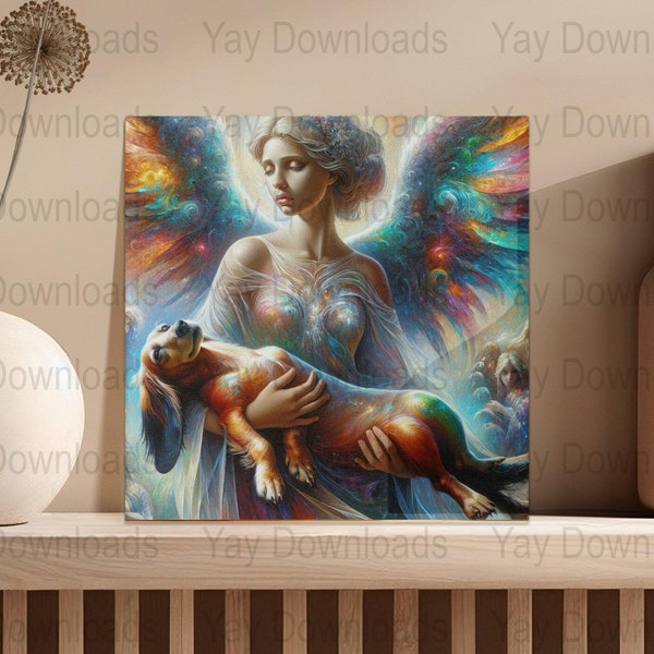 Cosmic Angel and Dog Digital Art, Surreal Fantasy Painting Download, Vibrant Space Artwork, Mystical Wall Decor, PNG File