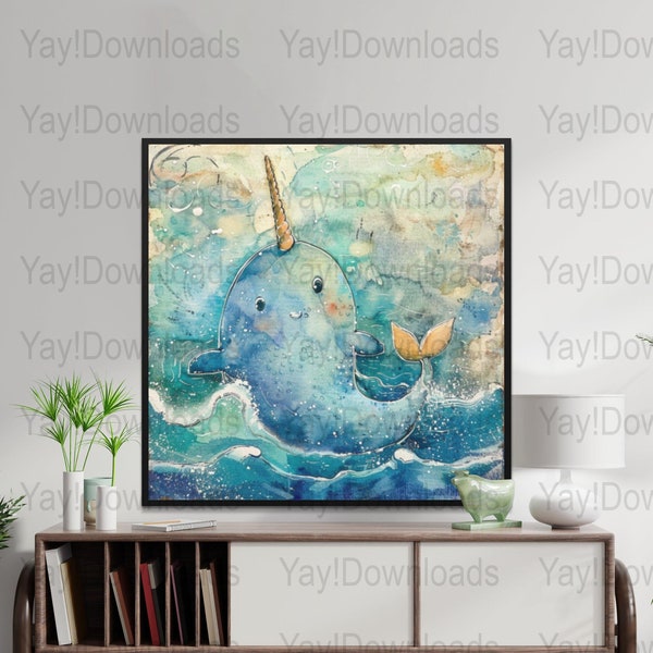 Whimsical Narwhal PNG Art Print, Digital Watercolor Sea Creature PNG, Kids Room Decor, Nautical Nursery png Artwork, Ocean Theme Printable