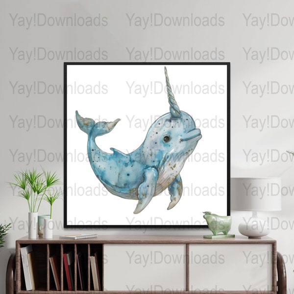 Narwhal Png, Narwhal Printable Png, Narwhal art, Blue Ocean Digital Print, Kids Room Decor, Blue narwhal clipart png, High res Narwhal png