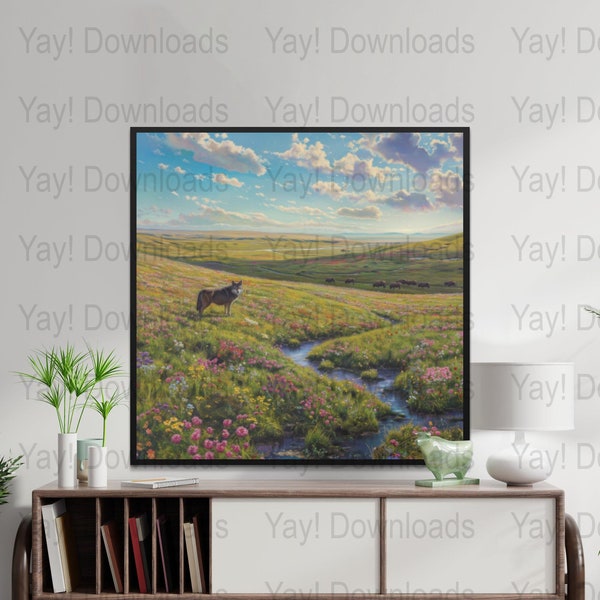 Digital Download Landscape Painting, Vibrant Meadow with Fox, Serene Nature Scenery Art