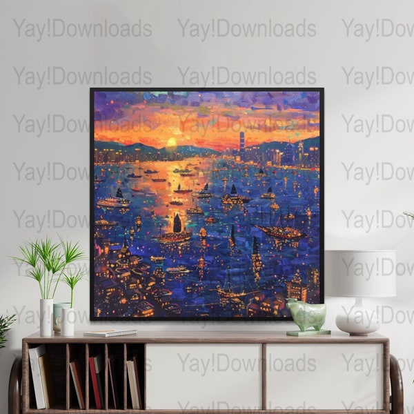 Harbor PNG, Boats PNG, Sunset PNG ,Sunset Digital Art Vibrant Digital Sunset Harbor Cityscape Painting, Ocean View Artwork, Printable  Art