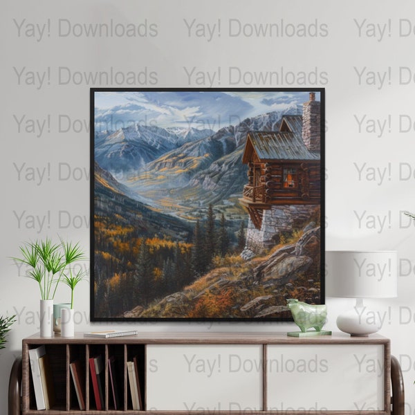 Cabin PNG, Mountain PNG, Rustic Mountain Cabin Digital Art, Autumn Scenery Download, Printable Wall Decor, Nature Landscape Poster
