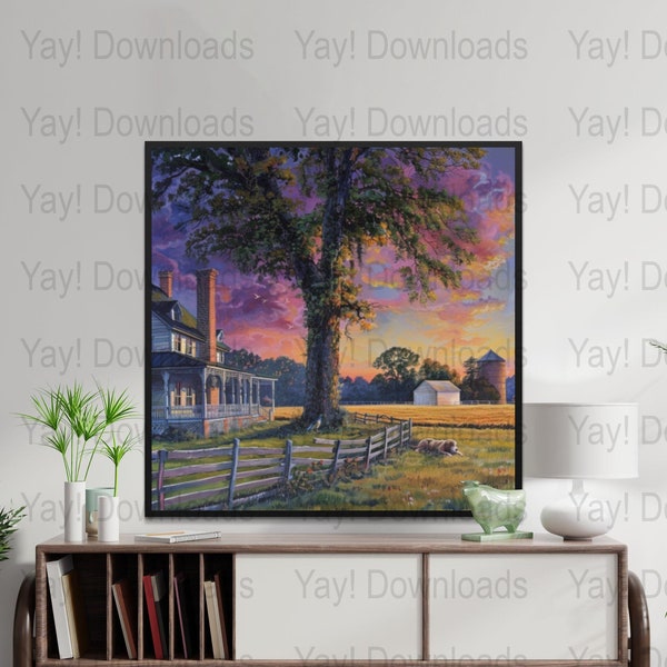 Rustic Farmhouse Digital Art, Sunset Landscape with Dog, Country Home Decor, Printable Wall Art