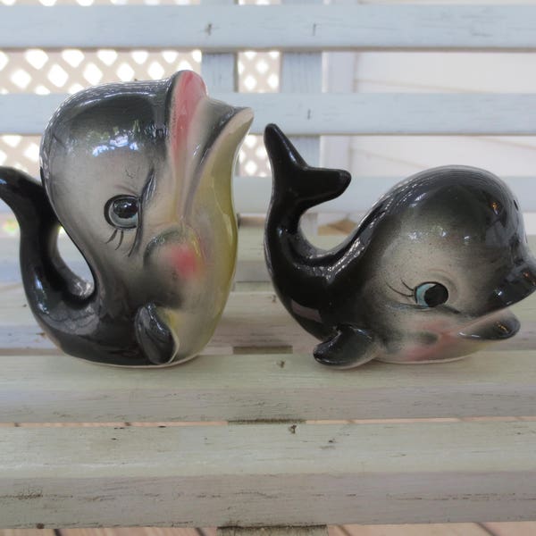 Happy Anthropomorphic Whales Salt and Pepper Shakers - 1950s Japan
