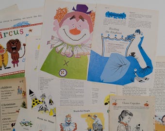 Circus Clown Themed Vintage Paper Pack - Assorted Ephemera for Scrapbooking and Junk Journals