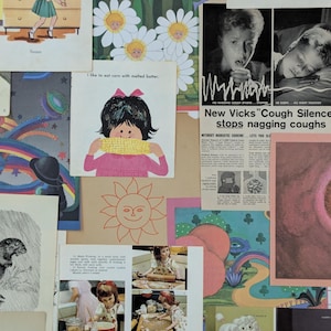 May include: A collage of vintage paper ephemera featuring diverse illustrations including a child eating corn, a black and white Vicks advertisement, a beaver sketch, a sun line drawing, a fetus illustration, and colorful rainbow graphics.